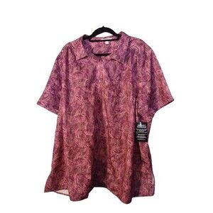 Woman Within Short Sleeve Button Front Collared Blouse Paisley Pink 26/28 2X